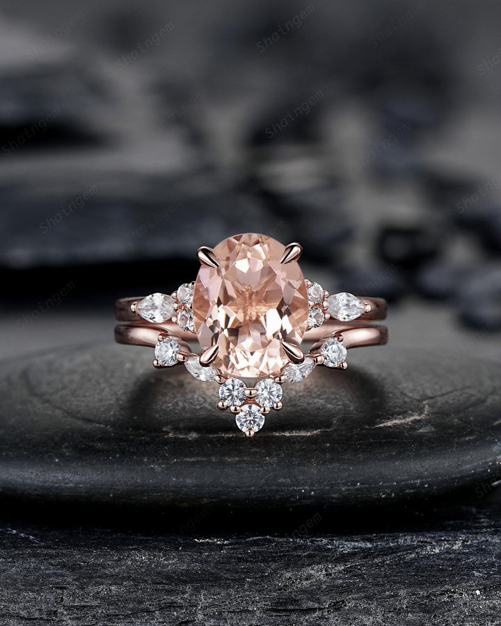 Oval Shape Pink Morganite Engagement Ring Set, Vintage 10K 14K 18K Rose Gold Bridal Set, Unique Wedding Set Promise Ring, Platinum Rings - ShainJewelry