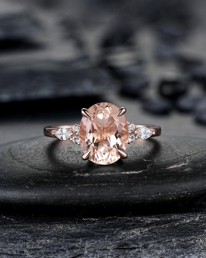 Oval Shape Pink Morganite Engagement Ring Set, Vintage 10K 14K 18K Rose Gold Bridal Set, Unique Wedding Set Promise Ring, Platinum Rings - ShainJewelry