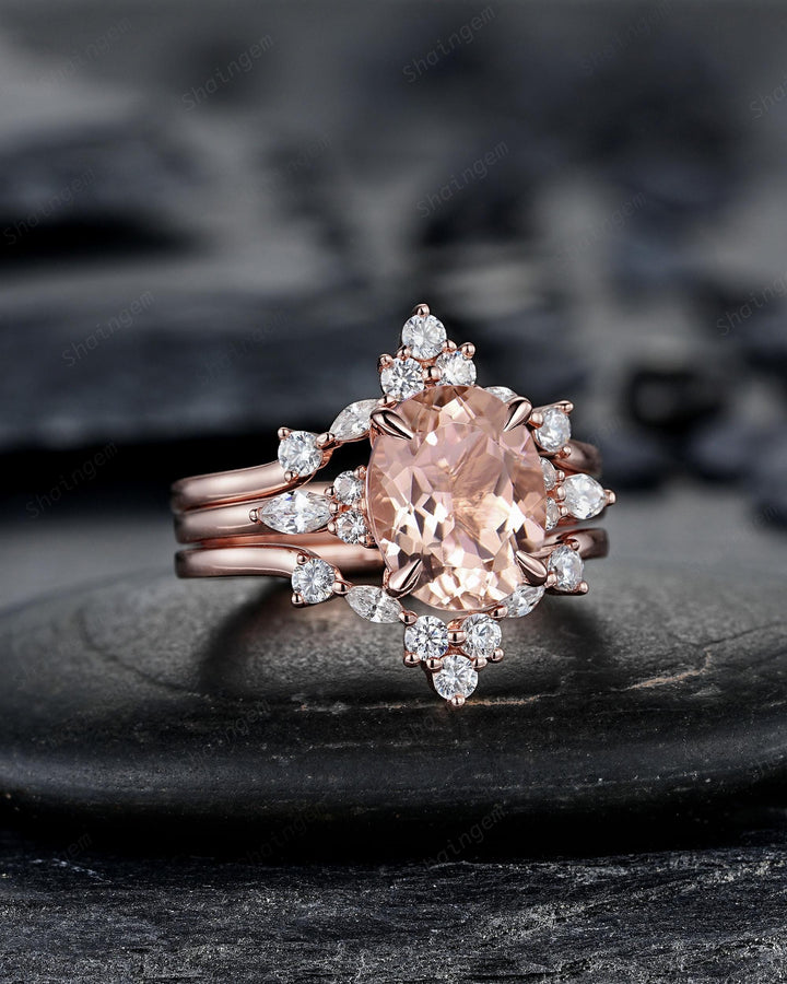 Oval Shape Pink Morganite Engagement Ring Set, Vintage 10K 14K 18K Rose Gold Bridal Set, Unique Wedding Set Promise Ring, Platinum Rings - ShainJewelry