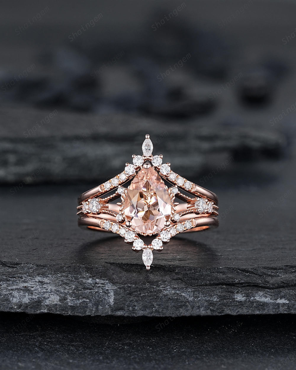Pear Shape Pink Morganite Engagement Ring Set, Solid Rose Gold Bridal Set, Unique Split Shank Wedding Set Promise Ring, Platinum Rings - ShainJewelry