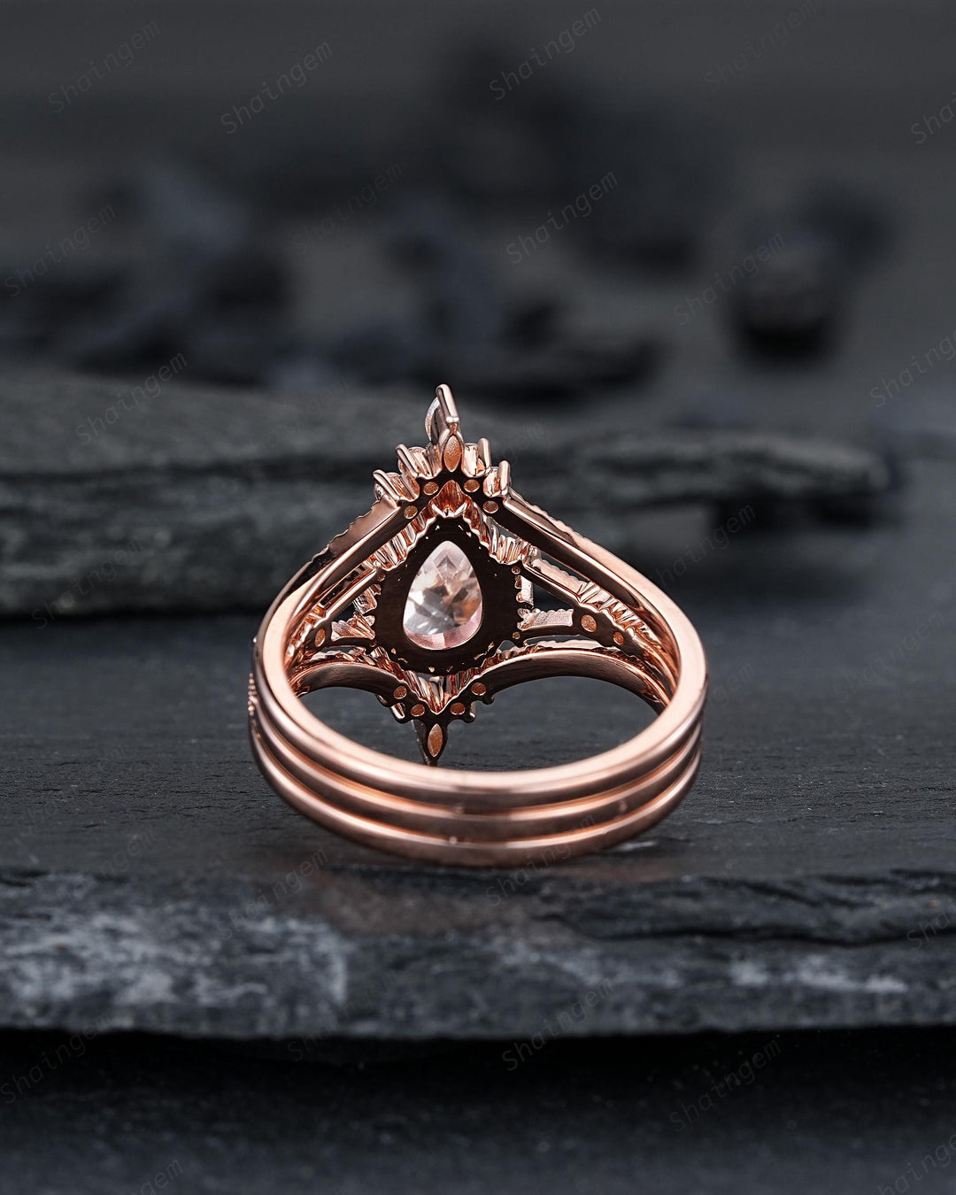 Pear Shape Pink Morganite Engagement Ring Set, Solid Rose Gold Bridal Set, Unique Split Shank Wedding Set Promise Ring, Platinum Rings - ShainJewelry