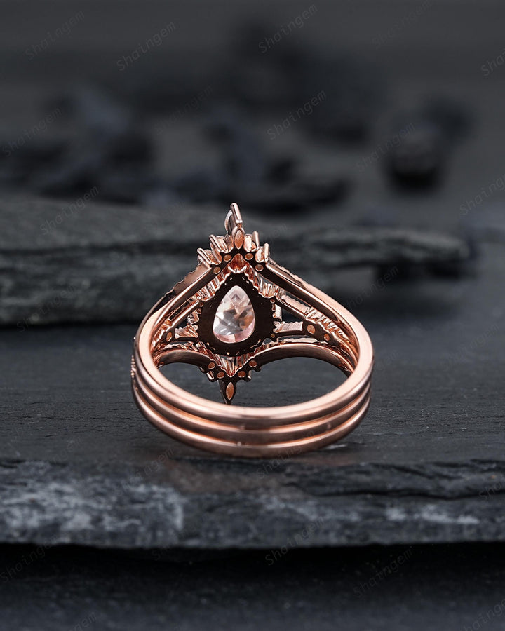 Pear Shape Pink Morganite Engagement Ring Set, Solid Rose Gold Bridal Set, Unique Split Shank Wedding Set Promise Ring, Platinum Rings - ShainJewelry