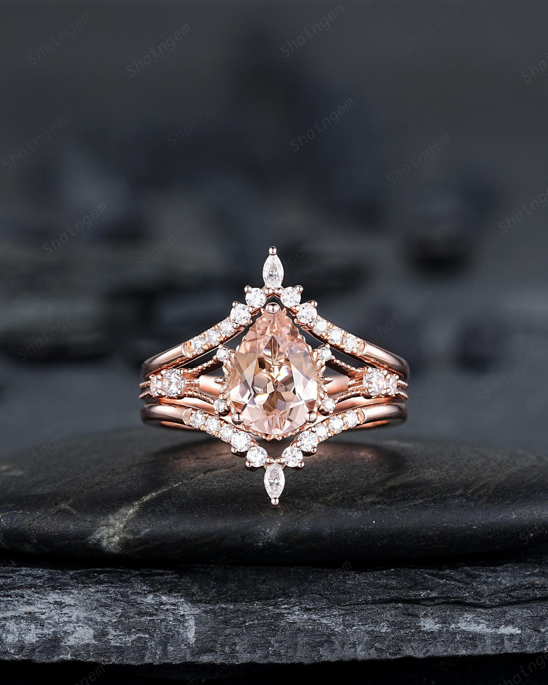 Pear Shape Pink Morganite Engagement Ring Set, Solid Rose Gold Bridal Set, Unique Split Shank Wedding Set Promise Ring, Platinum Rings - ShainJewelry