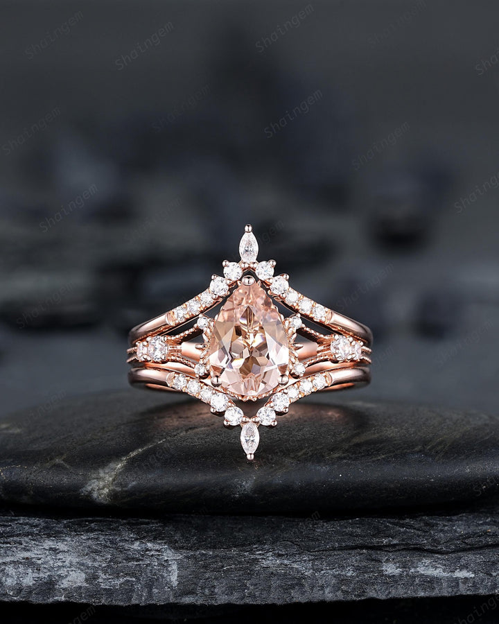 Pear Shape Pink Morganite Engagement Ring Set, Solid Rose Gold Bridal Set, Unique Split Shank Wedding Set Promise Ring, Platinum Rings - ShainJewelry