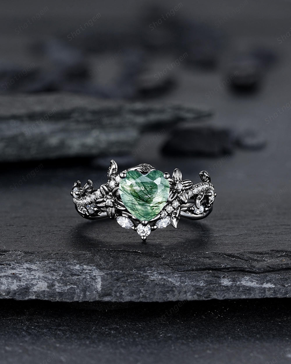 Gothic Heart Shape Moss Agate Engagement Ring Set, Black Rhodium Twig Branch Promise Ring, Floral Wedding Ring, Black Gold Rose Flower Leaf - ShainJewelry