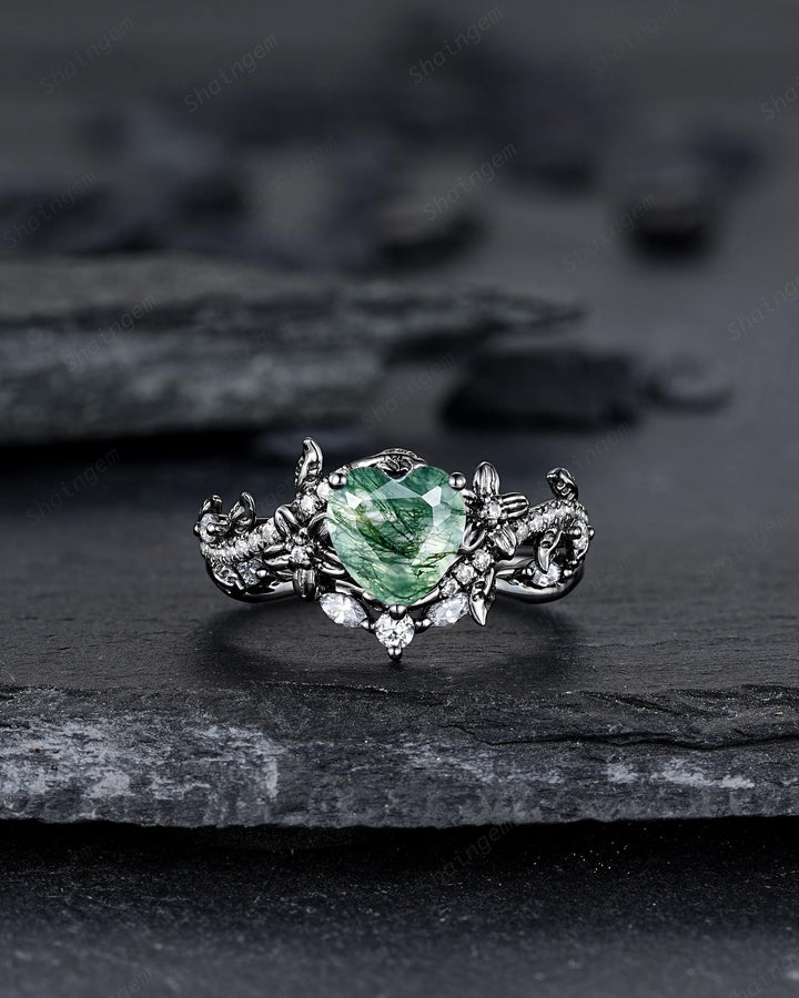 Gothic Heart Shape Moss Agate Engagement Ring Set, Black Rhodium Twig Branch Promise Ring, Floral Wedding Ring, Black Gold Rose Flower Leaf - ShainJewelry