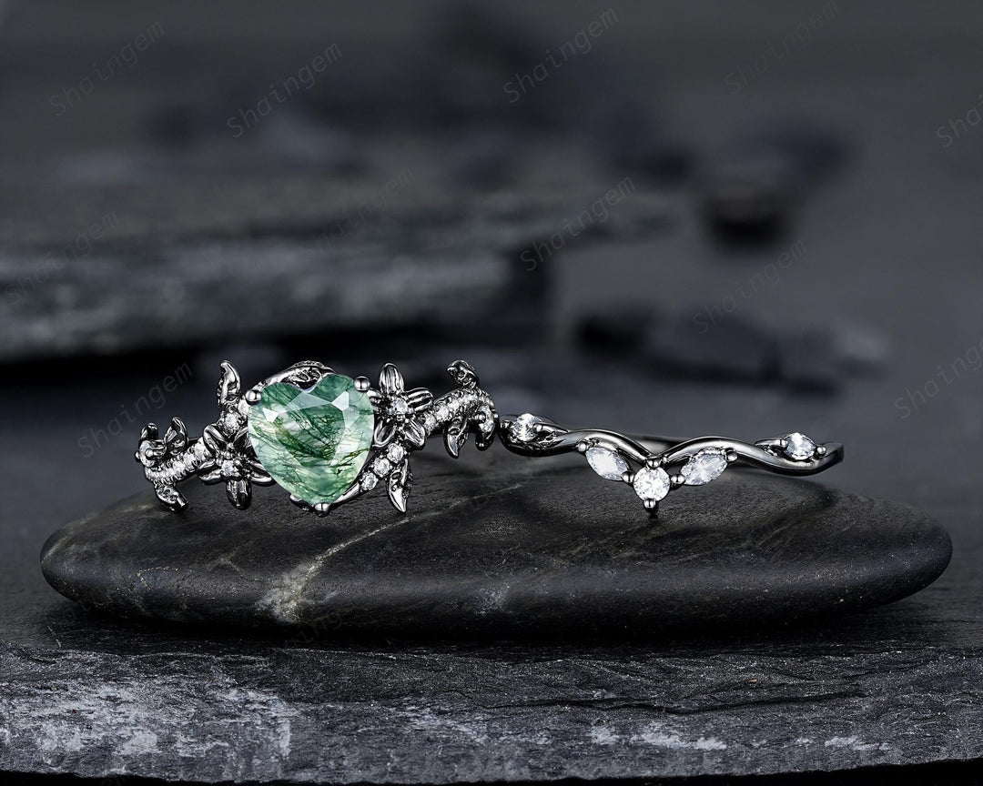 Gothic Heart Shape Moss Agate Engagement Ring Set, Black Rhodium Twig Branch Promise Ring, Floral Wedding Ring, Black Gold Rose Flower Leaf - ShainJewelry