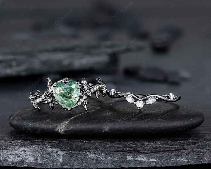 Gothic Heart Shape Moss Agate Engagement Ring Set, Black Rhodium Twig Branch Promise Ring, Floral Wedding Ring, Black Gold Rose Flower Leaf - ShainJewelry