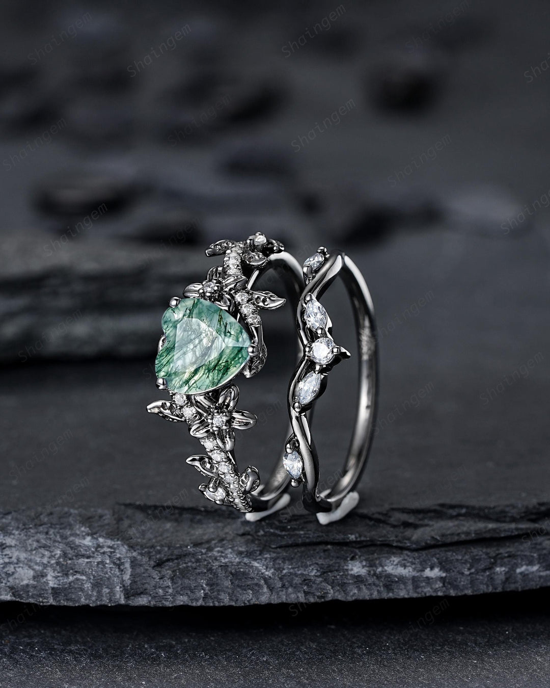 Gothic Heart Shape Moss Agate Engagement Ring Set, Black Rhodium Twig Branch Promise Ring, Floral Wedding Ring, Black Gold Rose Flower Leaf - ShainJewelry