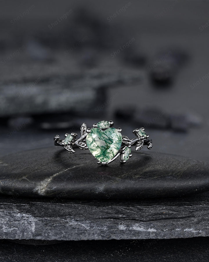 Gothic Heart Shape Moss Agate Engagement Ring Set, Black Rhodium Twig Branch Promise Ring, Vine Wedding Ring, Goth Black Gold Leaf Rings - ShainJewelry