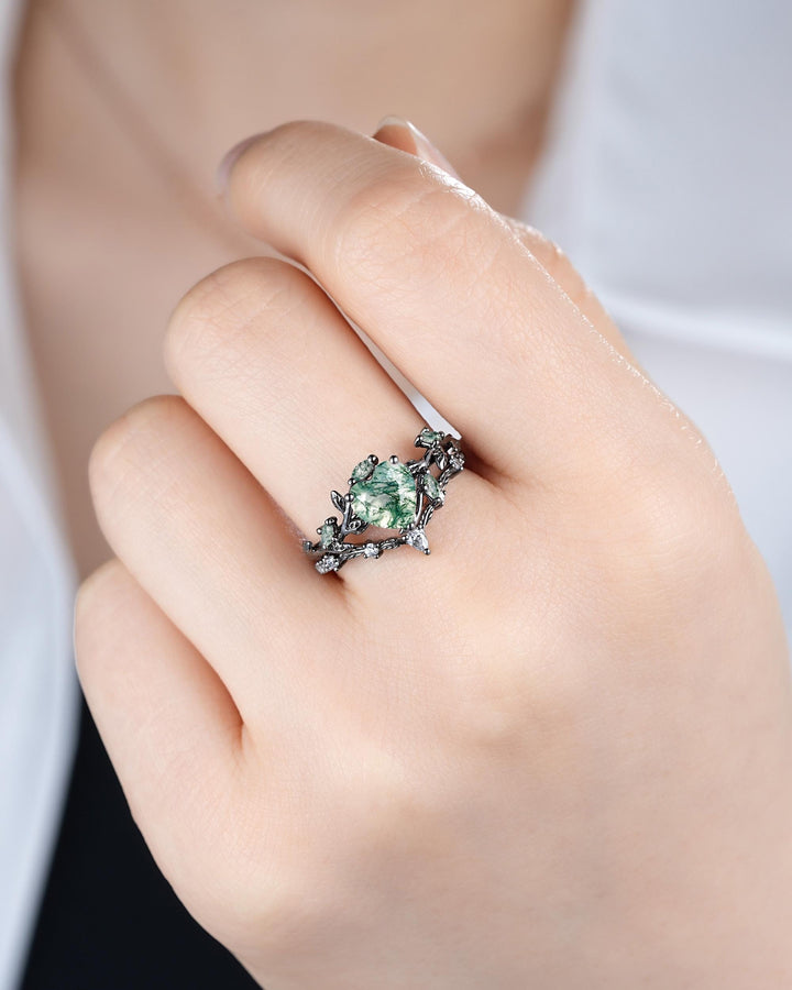 Gothic Heart Shape Moss Agate Engagement Ring Set, Black Rhodium Twig Branch Promise Ring, Vine Wedding Ring, Goth Black Gold Leaf Rings - ShainJewelry