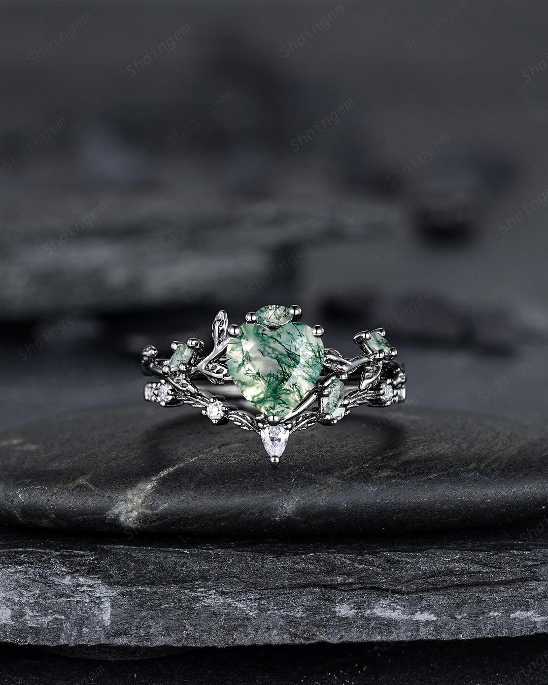 Gothic Heart Shape Moss Agate Engagement Ring Set, Black Rhodium Twig Branch Promise Ring, Vine Wedding Ring, Goth Black Gold Leaf Rings - ShainJewelry