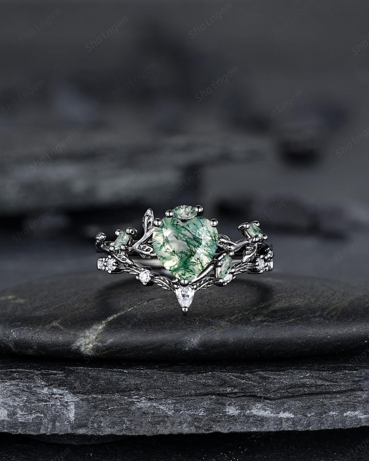 Gothic Heart Shape Moss Agate Engagement Ring Set, Black Rhodium Twig Branch Promise Ring, Vine Wedding Ring, Goth Black Gold Leaf Rings - ShainJewelry