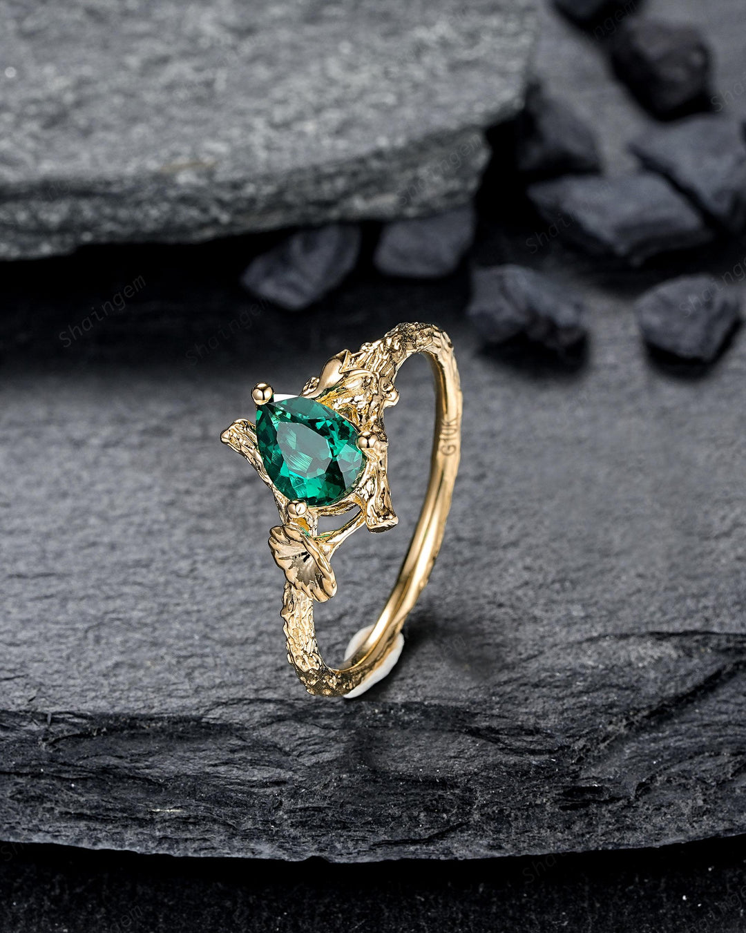 Pear Shape Emerald Solitaire Engagement Ring, Morning Glory September Birth Flower, Yellow Gold Leaf Solitary Promise Ring, May Birthstone - ShainJewelry