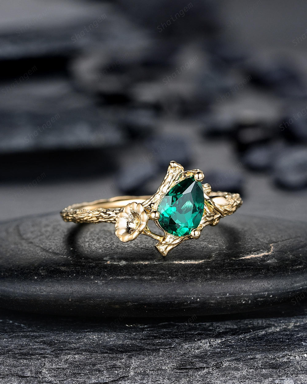 Pear Shape Emerald Solitaire Engagement Ring, Morning Glory September Birth Flower, Yellow Gold Leaf Solitary Promise Ring, May Birthstone - ShainJewelry