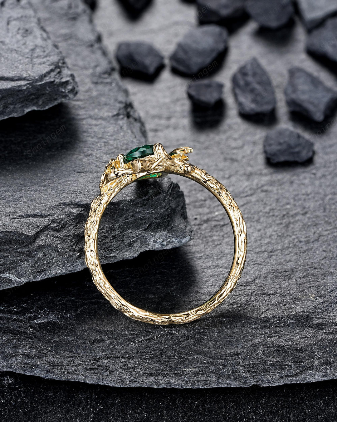 Pear Shape Emerald Solitaire Engagement Ring, Morning Glory September Birth Flower, Yellow Gold Leaf Solitary Promise Ring, May Birthstone - ShainJewelry