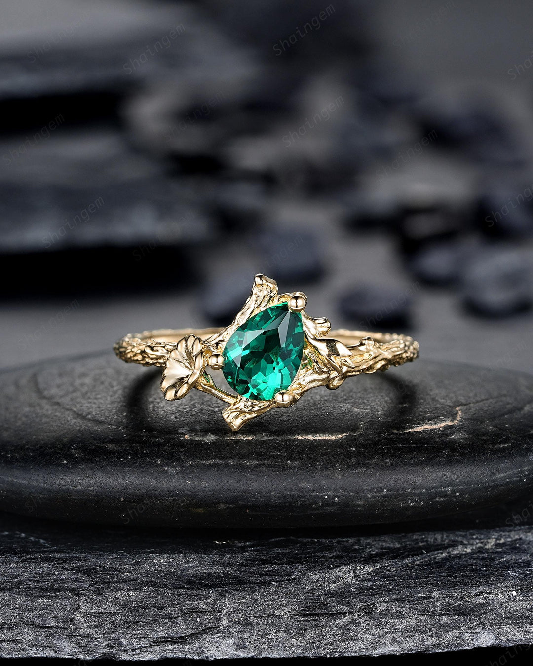 Pear Shape Emerald Solitaire Engagement Ring, Morning Glory September Birth Flower, Yellow Gold Leaf Solitary Promise Ring, May Birthstone - ShainJewelry