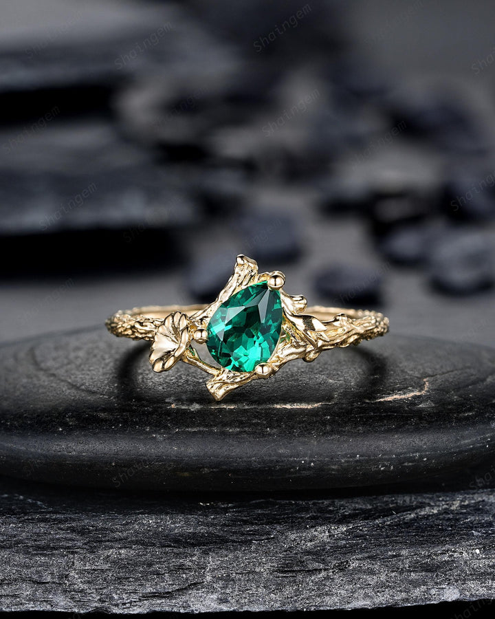 Pear Shape Emerald Solitaire Engagement Ring, Morning Glory September Birth Flower, Yellow Gold Leaf Solitary Promise Ring, May Birthstone - ShainJewelry