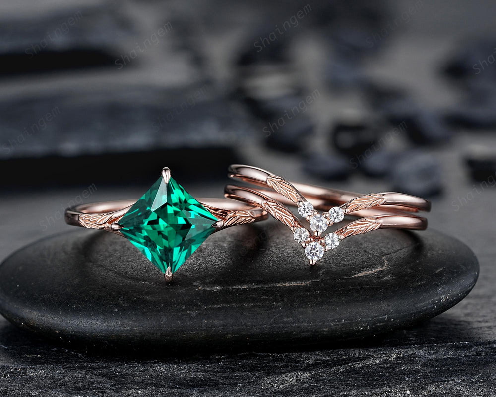 3PCS Princess Cut Emerald Solitaire Engagement Ring Set, Engraved Leaf Nature Inspired Wedding Set Rose Gold Promise Rings, May Birthstone - ShainJewelry