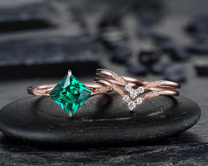 3PCS Princess Cut Emerald Solitaire Engagement Ring Set, Engraved Leaf Nature Inspired Wedding Set Rose Gold Promise Rings, May Birthstone - ShainJewelry