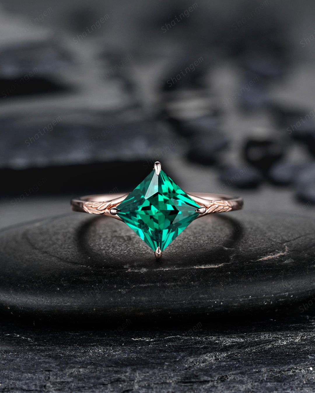 3PCS Princess Cut Emerald Solitaire Engagement Ring Set, Engraved Leaf Nature Inspired Wedding Set Rose Gold Promise Rings, May Birthstone - ShainJewelry