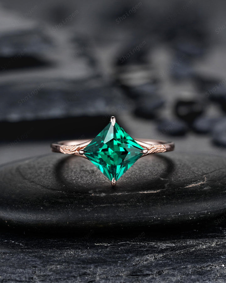 3PCS Princess Cut Emerald Solitaire Engagement Ring Set, Engraved Leaf Nature Inspired Wedding Set Rose Gold Promise Rings, May Birthstone - ShainJewelry