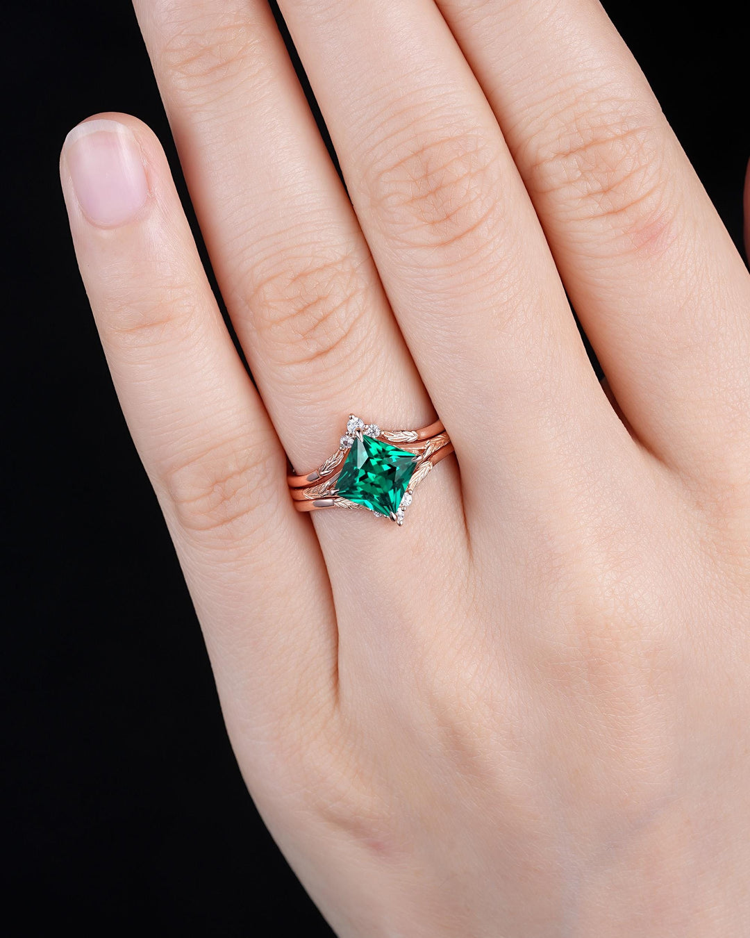 3PCS Princess Cut Emerald Solitaire Engagement Ring Set, Engraved Leaf Nature Inspired Wedding Set Rose Gold Promise Rings, May Birthstone - ShainJewelry