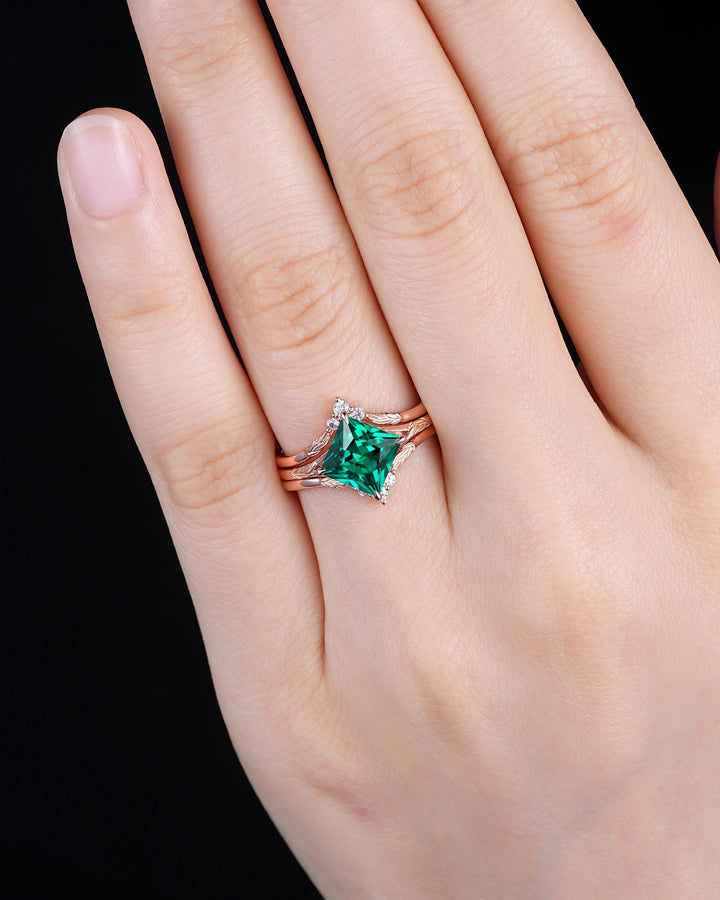 3PCS Princess Cut Emerald Solitaire Engagement Ring Set, Engraved Leaf Nature Inspired Wedding Set Rose Gold Promise Rings, May Birthstone - ShainJewelry