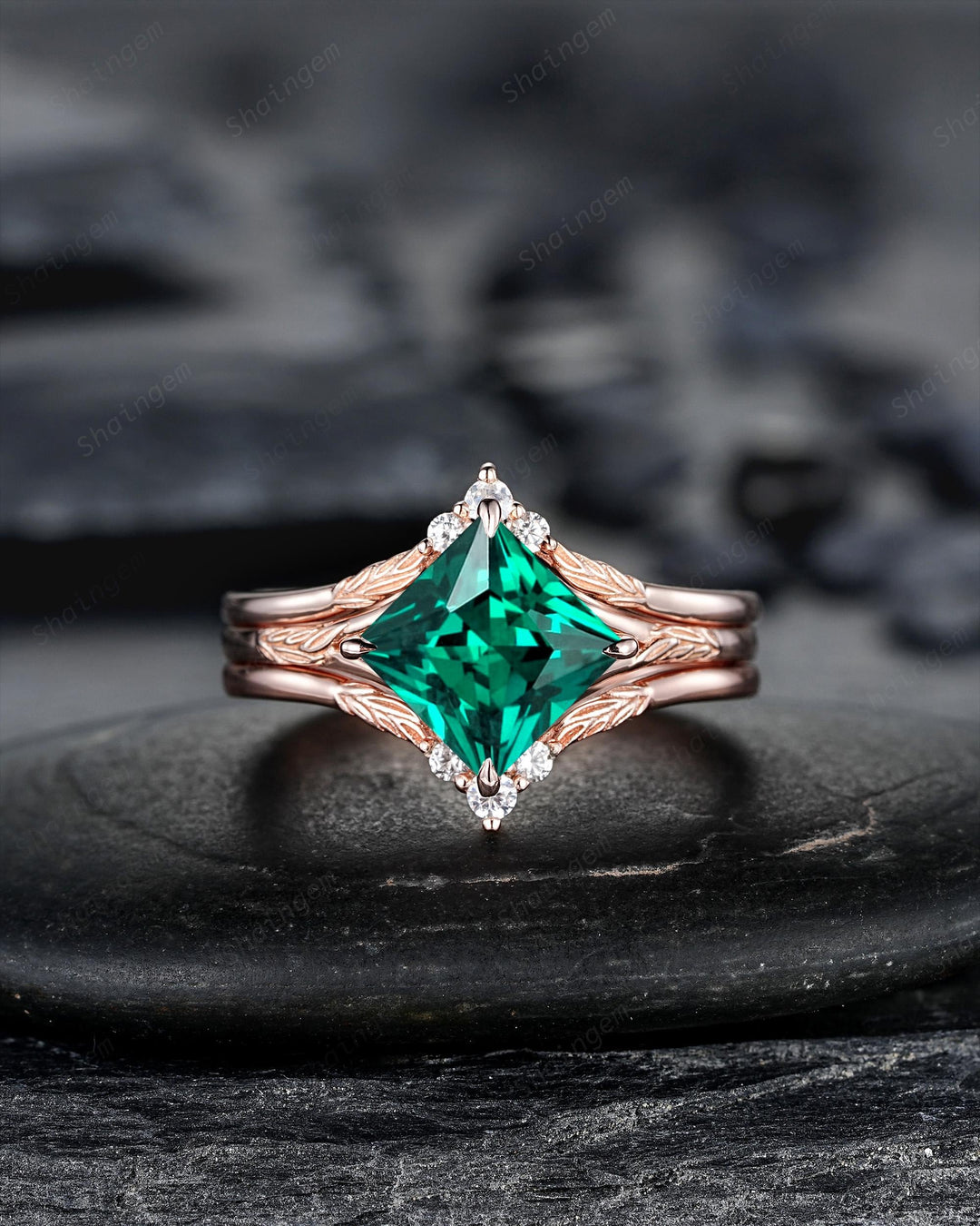 3PCS Princess Cut Emerald Solitaire Engagement Ring Set, Engraved Leaf Nature Inspired Wedding Set Rose Gold Promise Rings, May Birthstone - ShainJewelry