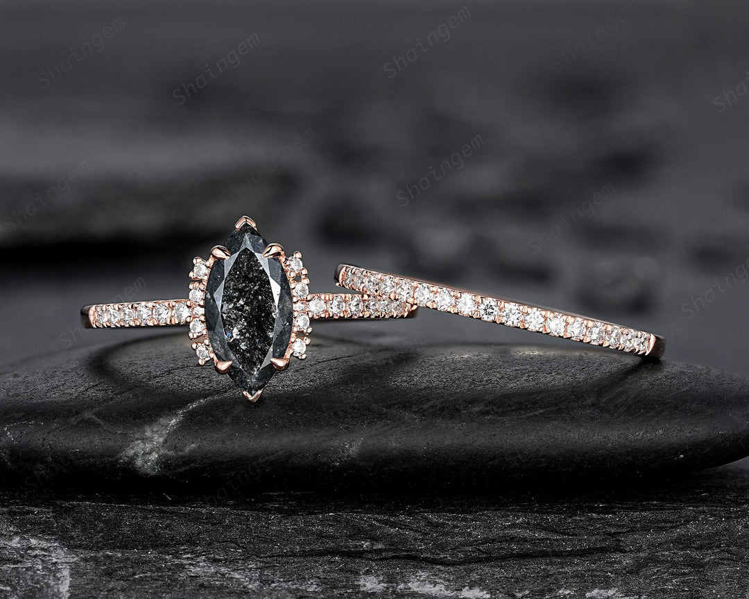 Marquise Salt and Pepper Diamond Engagement Ring Set, Solid Rose Gold Black Diamond Promise Ring, Gray Diamond Wedding Ring, Half Eternity - ShainJewelry