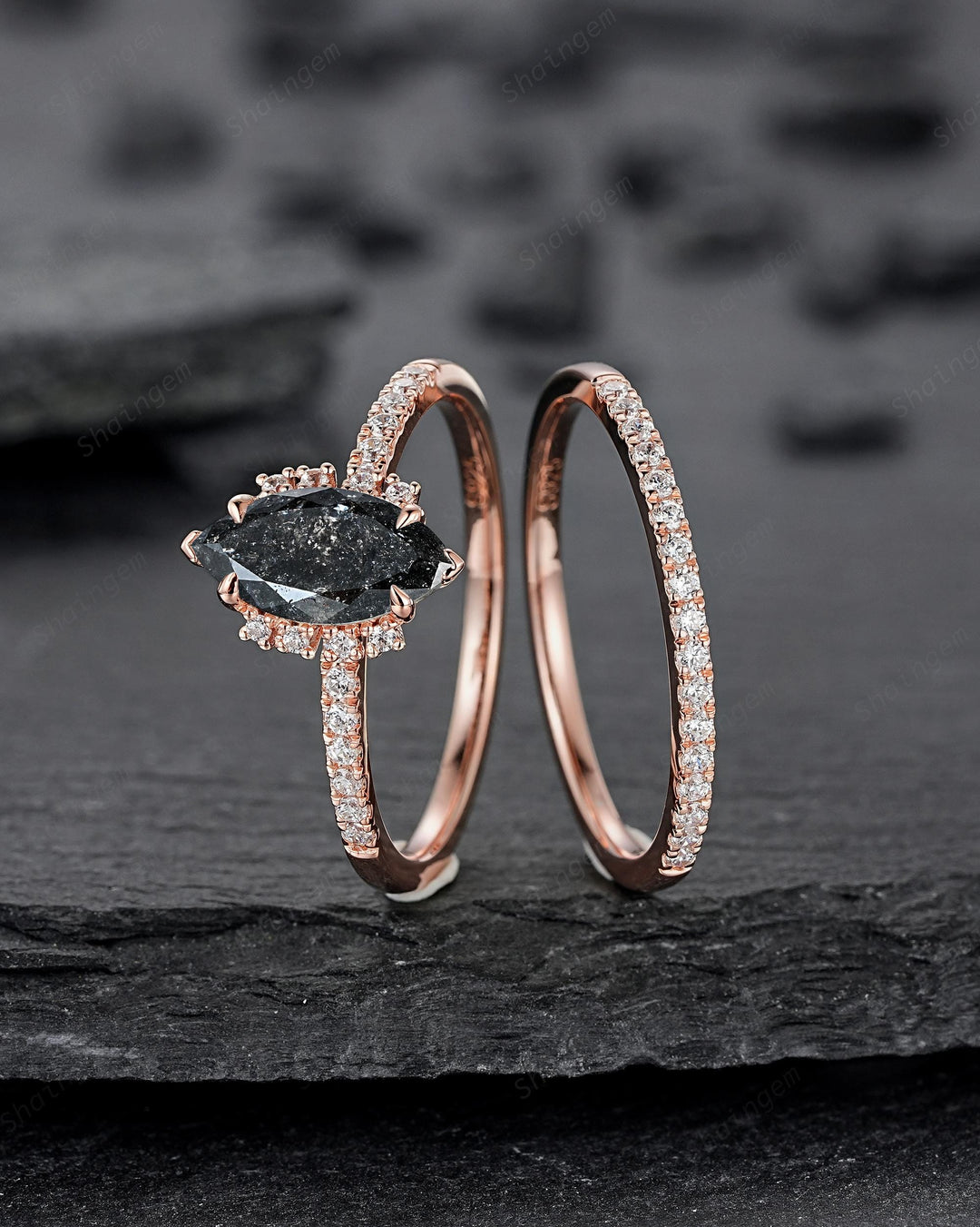Marquise Salt and Pepper Diamond Engagement Ring Set, Solid Rose Gold Black Diamond Promise Ring, Gray Diamond Wedding Ring, Half Eternity - ShainJewelry