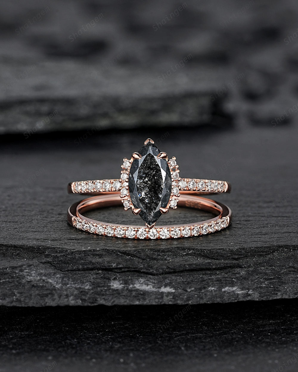 Marquise Salt and Pepper Diamond Engagement Ring Set, Solid Rose Gold Black Diamond Promise Ring, Gray Diamond Wedding Ring, Half Eternity - ShainJewelry