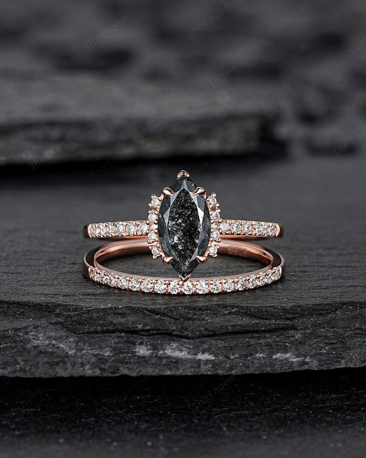 Marquise Salt and Pepper Diamond Engagement Ring Set, Solid Rose Gold Black Diamond Promise Ring, Gray Diamond Wedding Ring, Half Eternity - ShainJewelry