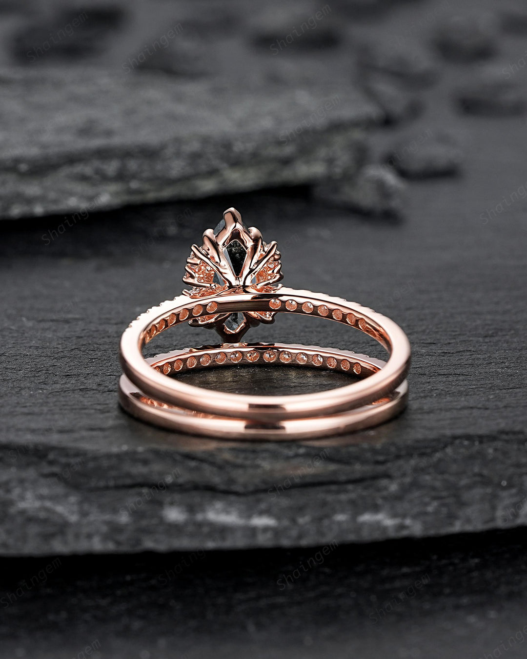 Marquise Salt and Pepper Diamond Engagement Ring Set, Solid Rose Gold Black Diamond Promise Ring, Gray Diamond Wedding Ring, Half Eternity - ShainJewelry