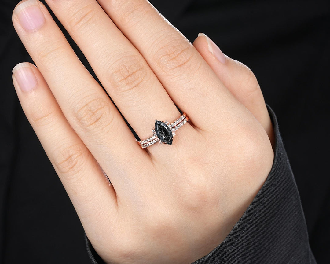 Marquise Salt and Pepper Diamond Engagement Ring Set, Solid Rose Gold Black Diamond Promise Ring, Gray Diamond Wedding Ring, Half Eternity - ShainJewelry