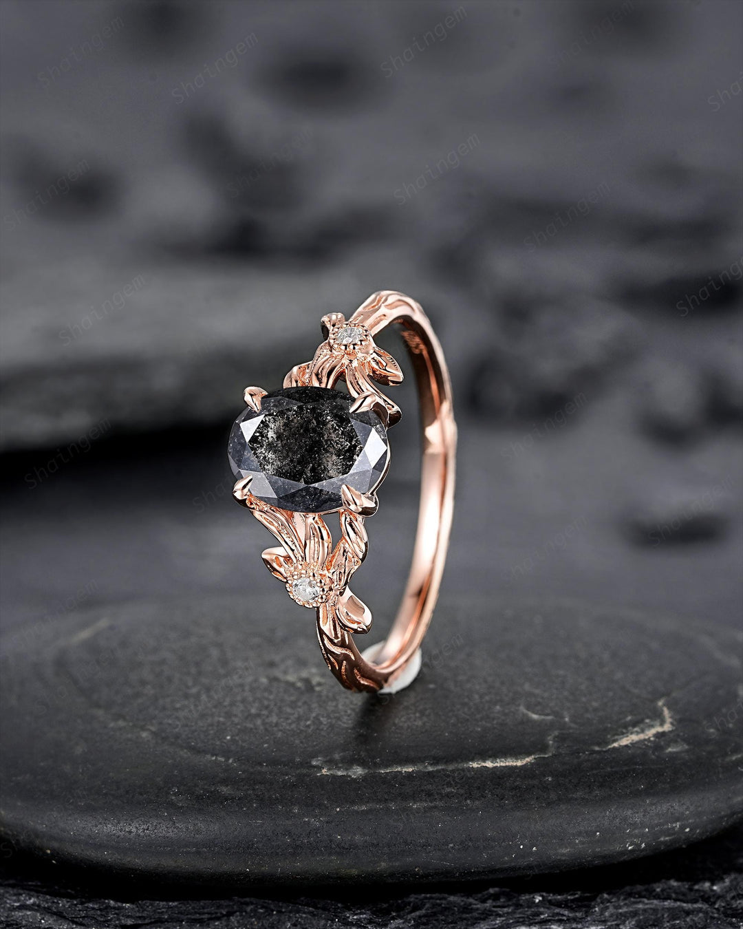Oval Shape Salt and Pepper Diamond Engagement Ring, Solid Rose Gold Natural Black Diamond Promise Ring Gray Diamond Leaf Vine Wedding Ring - ShainJewelry