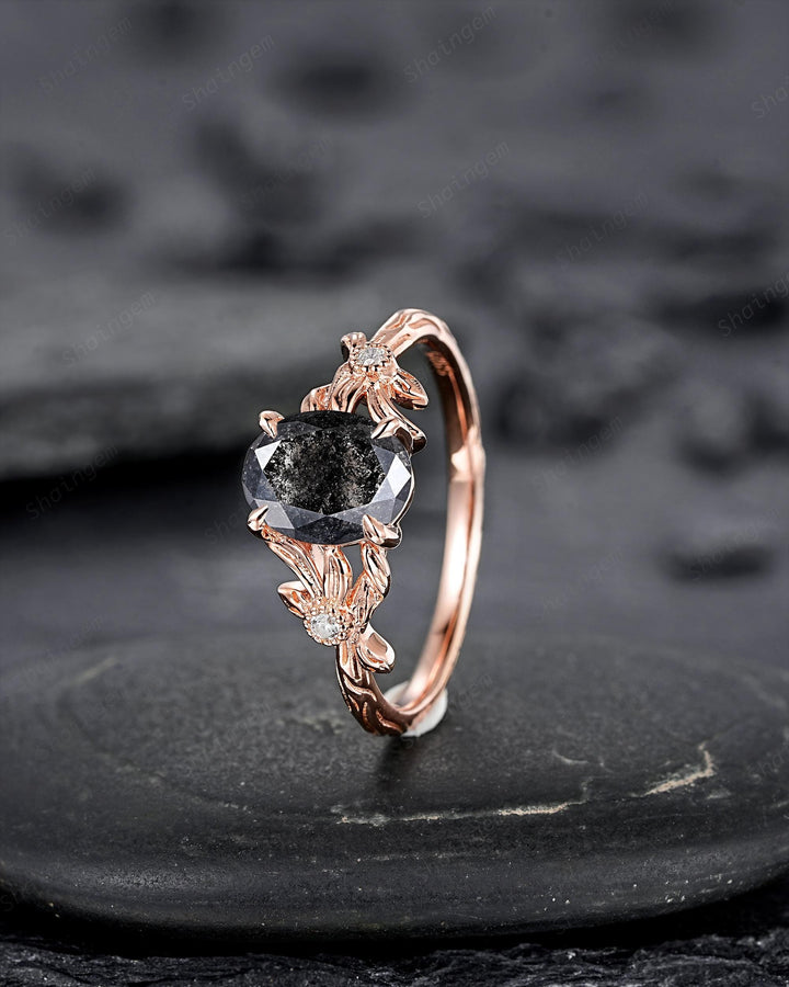 Oval Shape Salt and Pepper Diamond Engagement Ring, Solid Rose Gold Natural Black Diamond Promise Ring Gray Diamond Leaf Vine Wedding Ring - ShainJewelry
