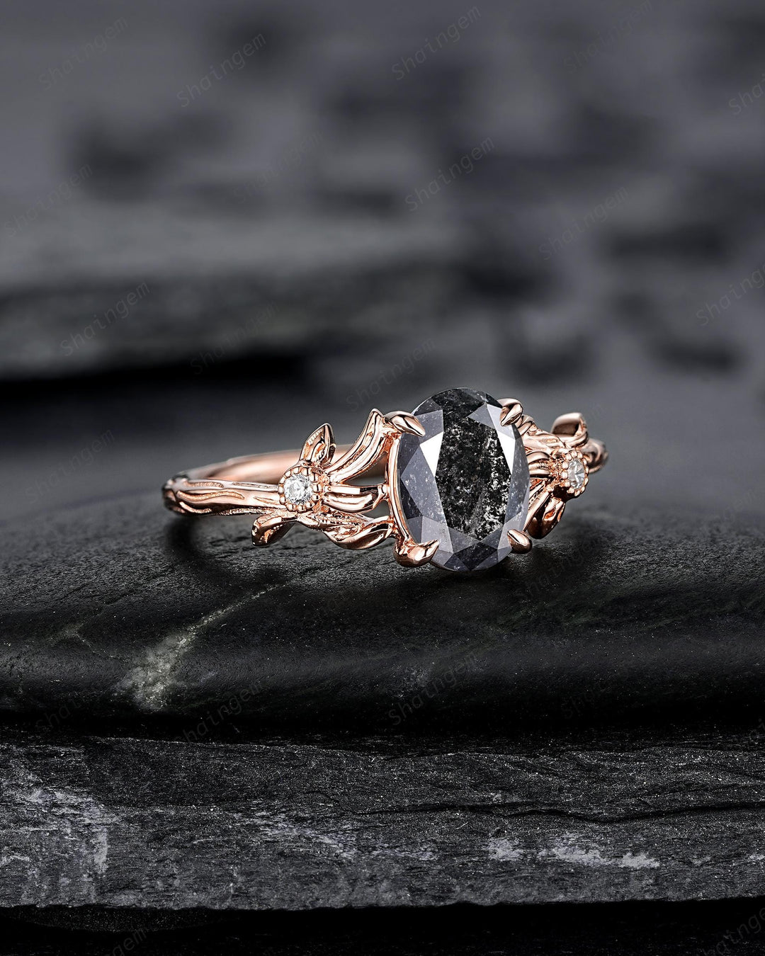Oval Shape Salt and Pepper Diamond Engagement Ring, Solid Rose Gold Natural Black Diamond Promise Ring Gray Diamond Leaf Vine Wedding Ring - ShainJewelry