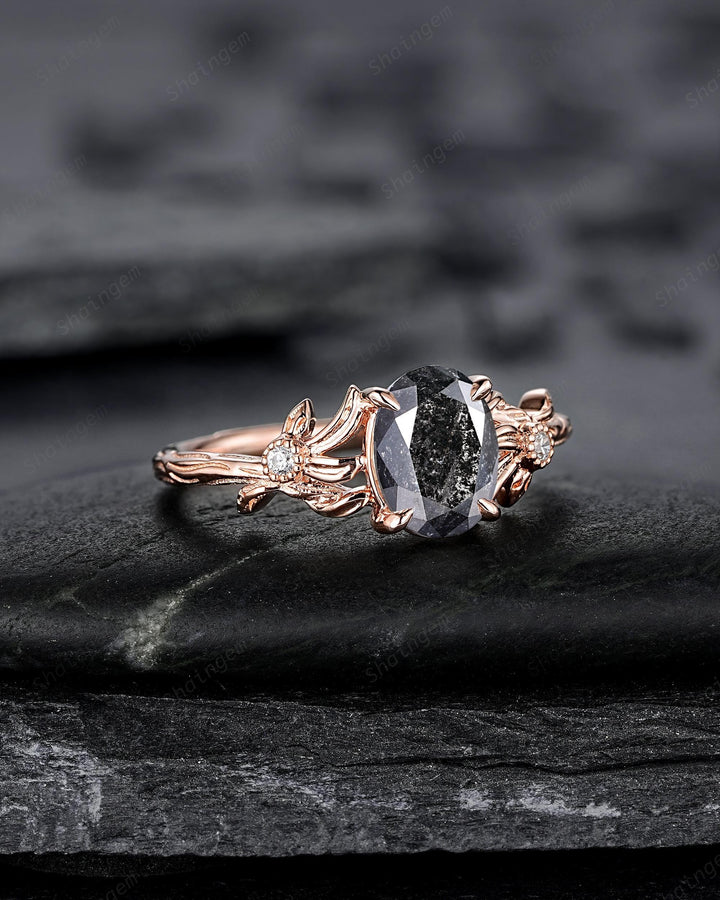 Oval Shape Salt and Pepper Diamond Engagement Ring, Solid Rose Gold Natural Black Diamond Promise Ring Gray Diamond Leaf Vine Wedding Ring - ShainJewelry