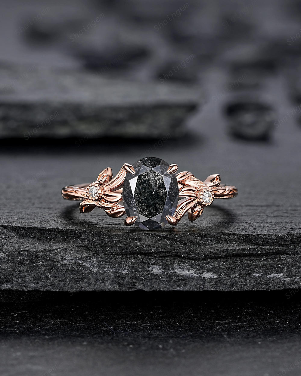 Oval Shape Salt and Pepper Diamond Engagement Ring, Solid Rose Gold Natural Black Diamond Promise Ring Gray Diamond Leaf Vine Wedding Ring - ShainJewelry