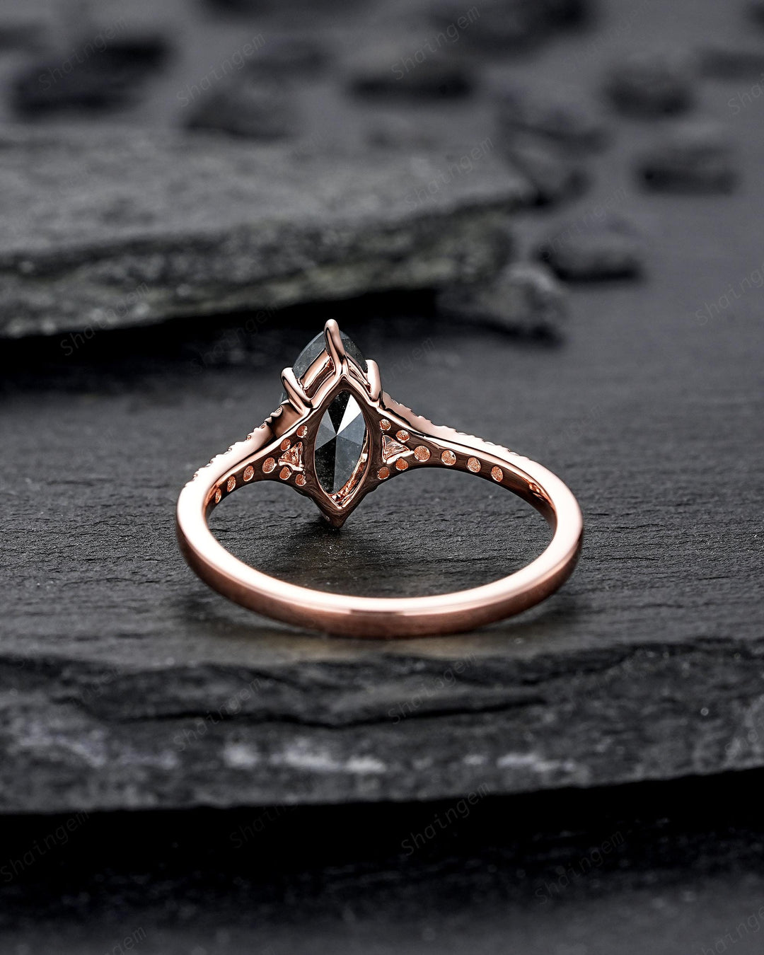 Marquise Salt and Pepper Cluster Diamond Engagement Ring, 14K 18K Rose Gold Natural Diamond Promise Ring Gift, Half Eternity Platinum Ring - ShainJewelry