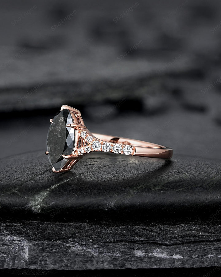 Marquise Salt and Pepper Cluster Diamond Engagement Ring, 14K 18K Rose Gold Natural Diamond Promise Ring Gift, Half Eternity Platinum Ring - ShainJewelry