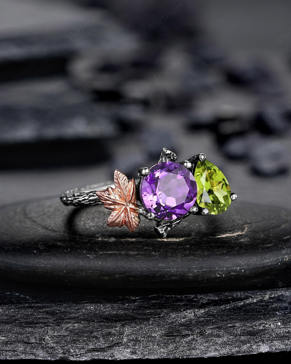 Gothic Toi Et Moi Two Tones Maple Leaf Engagement Ring, Black Rhodium Nature Inspired Vine Promise Wedding Ring, Two Stones Amethyst Peridot - ShainJewelry