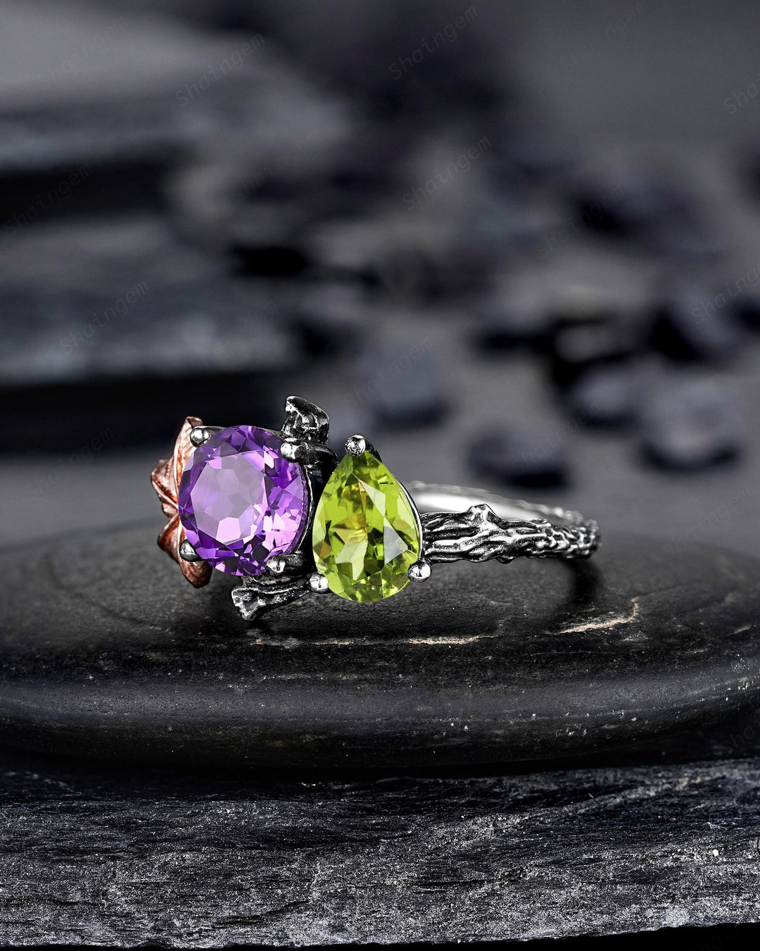 Gothic Toi Et Moi Two Tones Maple Leaf Engagement Ring, Black Rhodium Nature Inspired Vine Promise Wedding Ring, Two Stones Amethyst Peridot - ShainJewelry
