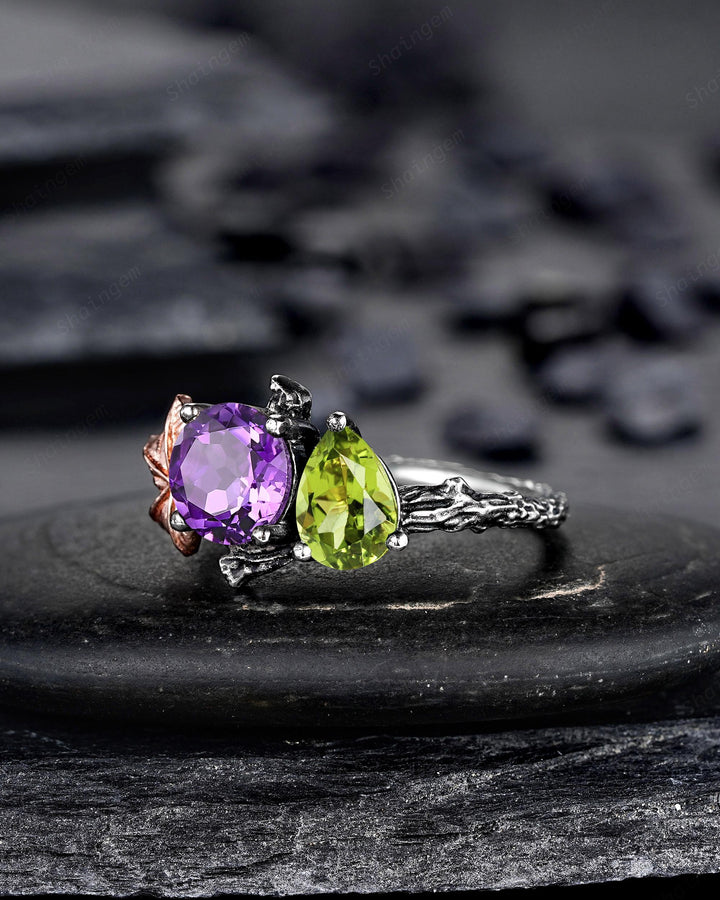 Gothic Toi Et Moi Two Tones Maple Leaf Engagement Ring, Black Rhodium Nature Inspired Vine Promise Wedding Ring, Two Stones Amethyst Peridot - ShainJewelry