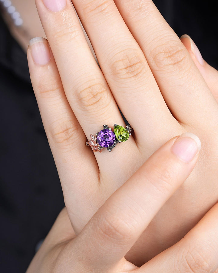 Gothic Toi Et Moi Two Tones Maple Leaf Engagement Ring, Black Rhodium Nature Inspired Vine Promise Wedding Ring, Two Stones Amethyst Peridot - ShainJewelry