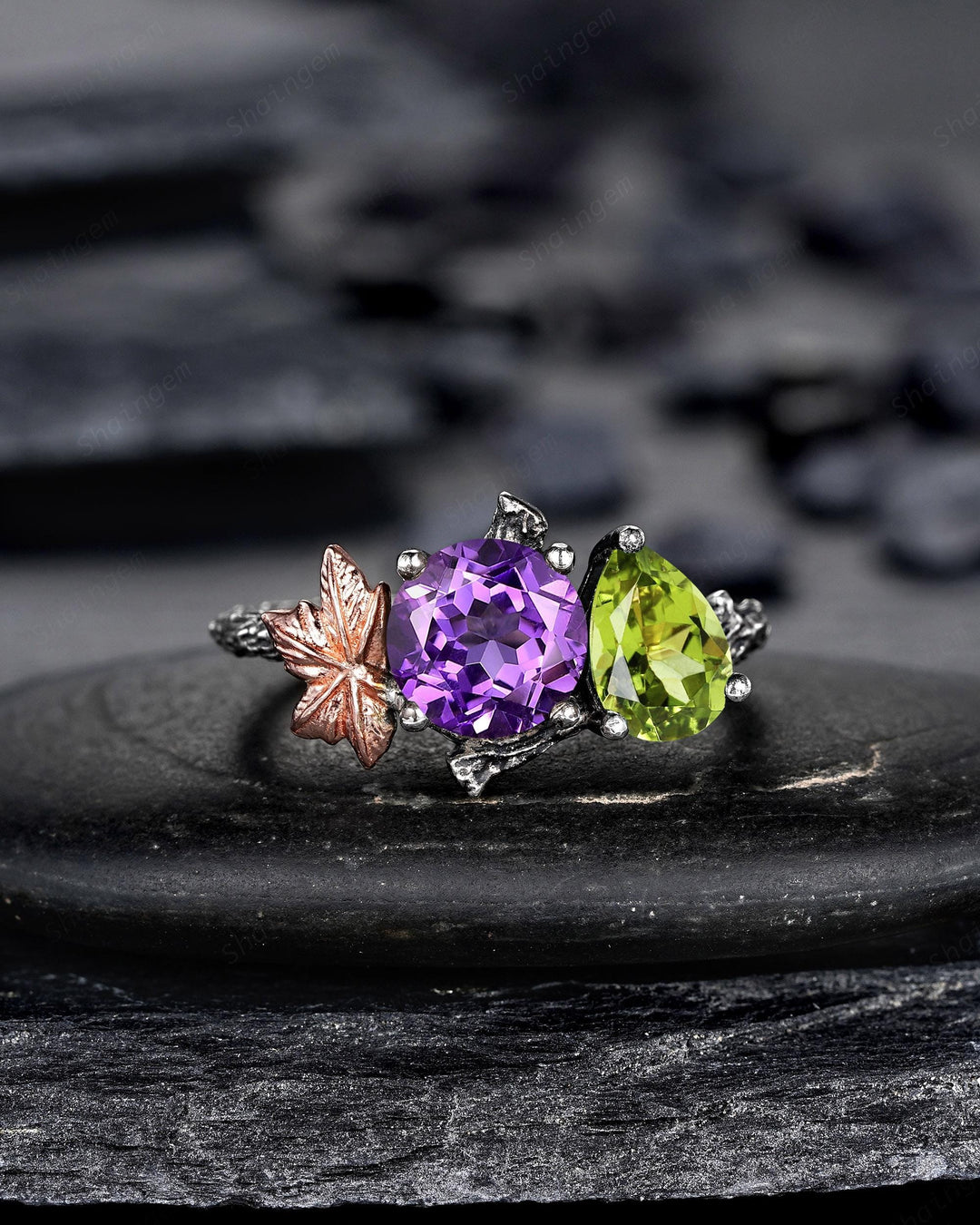 Gothic Toi Et Moi Two Tones Maple Leaf Engagement Ring, Black Rhodium Nature Inspired Vine Promise Wedding Ring, Two Stones Amethyst Peridot - ShainJewelry