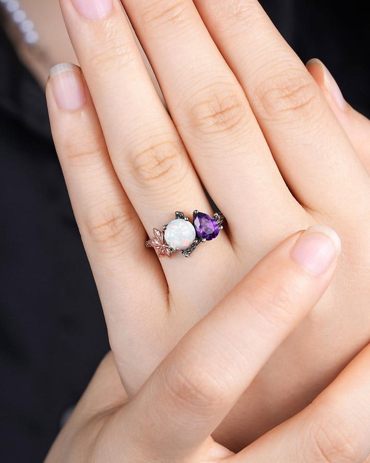 Gothic Toi Et Moi Two Tones Maple Leaf Engagement Ring, Black Rhodium Promise Wedding Ring, Black Gold Two Stones White Opal and Amethyst - ShainJewelry