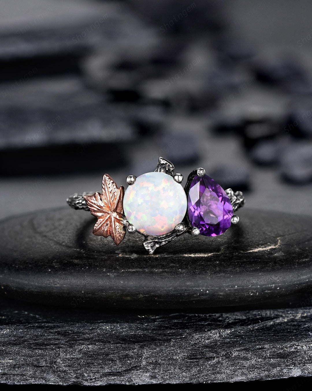 Gothic Toi Et Moi Two Tones Maple Leaf Engagement Ring, Black Rhodium Promise Wedding Ring, Black Gold Two Stones White Opal and Amethyst - ShainJewelry