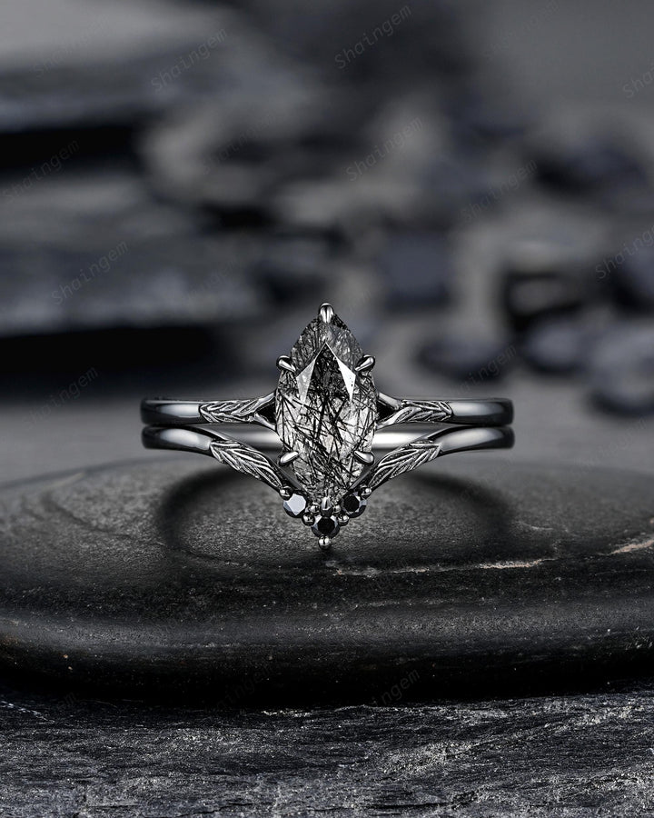 3PCS Marquise Cut Black Rutilated Quartz Engagement Ring Set, Gothic Bridal Set, Black Rhodium Wedding Set, Black Promise Rings, Witchy Ring - ShainJewelry